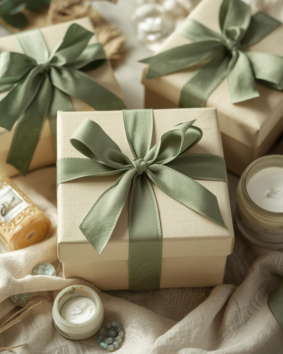 Cream gift box tied with a sage green satin ribbon bow, surrounded by candles, skincare products and soft linen fabric. Part of Henko Store's The Bloom Hour Mother's Day collection.