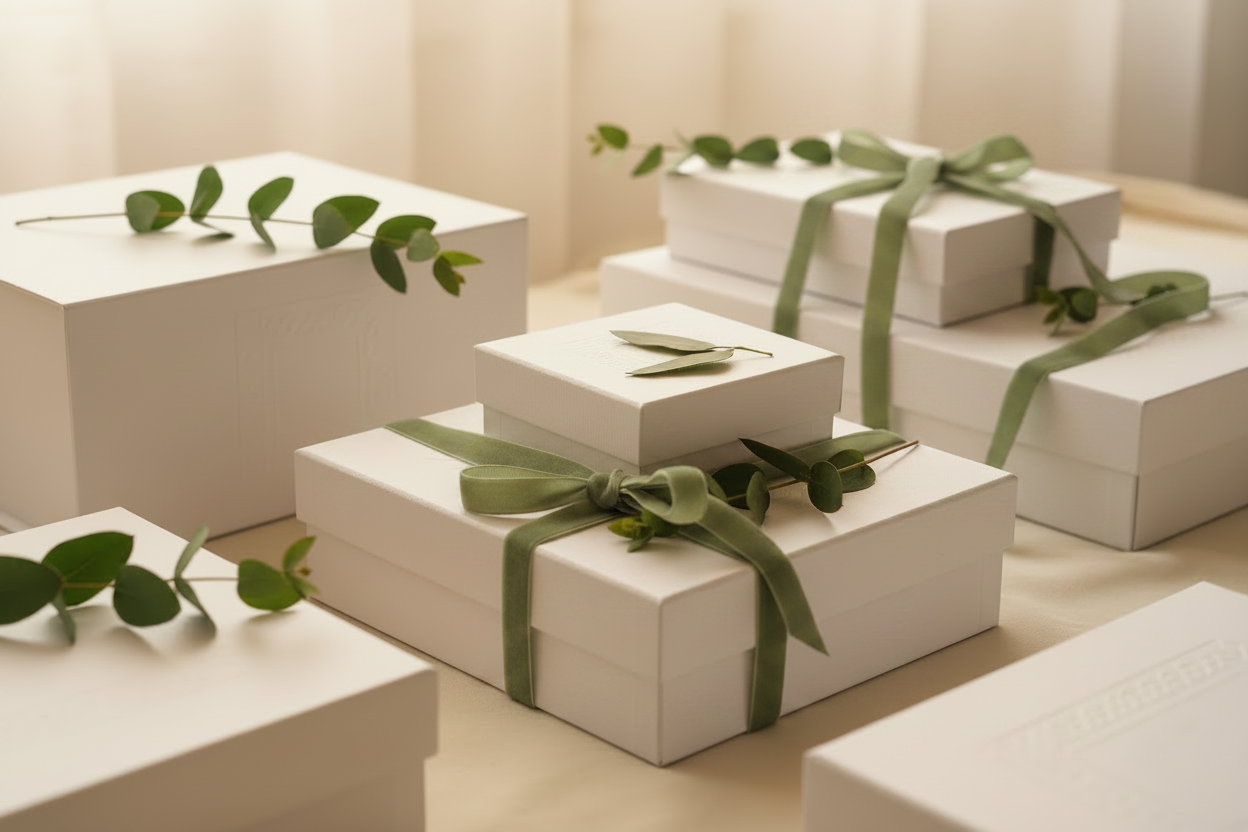 White gift boxes with green ribbons on a light surface
