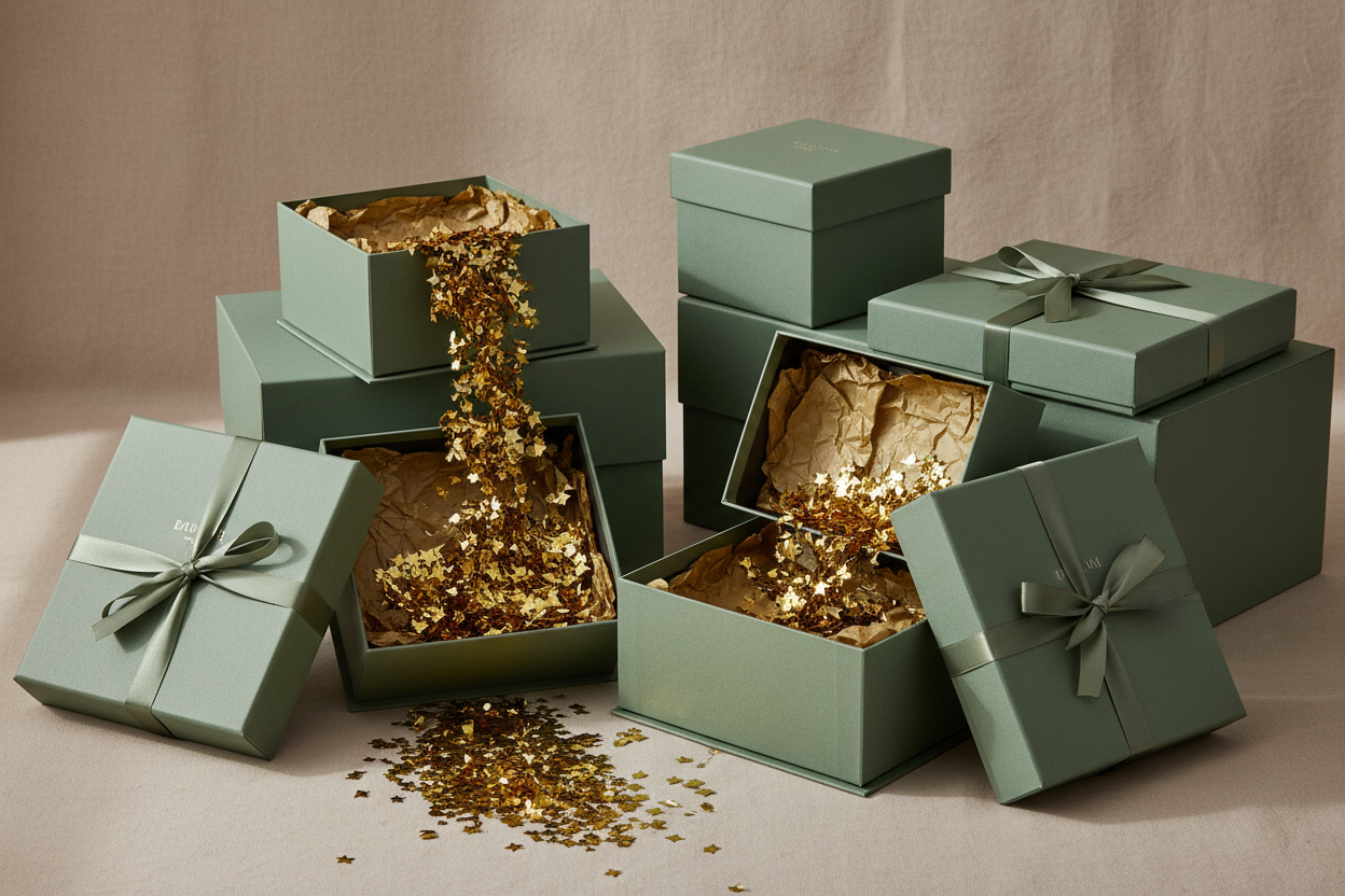 Green gift boxes with gold confetti on a beige background